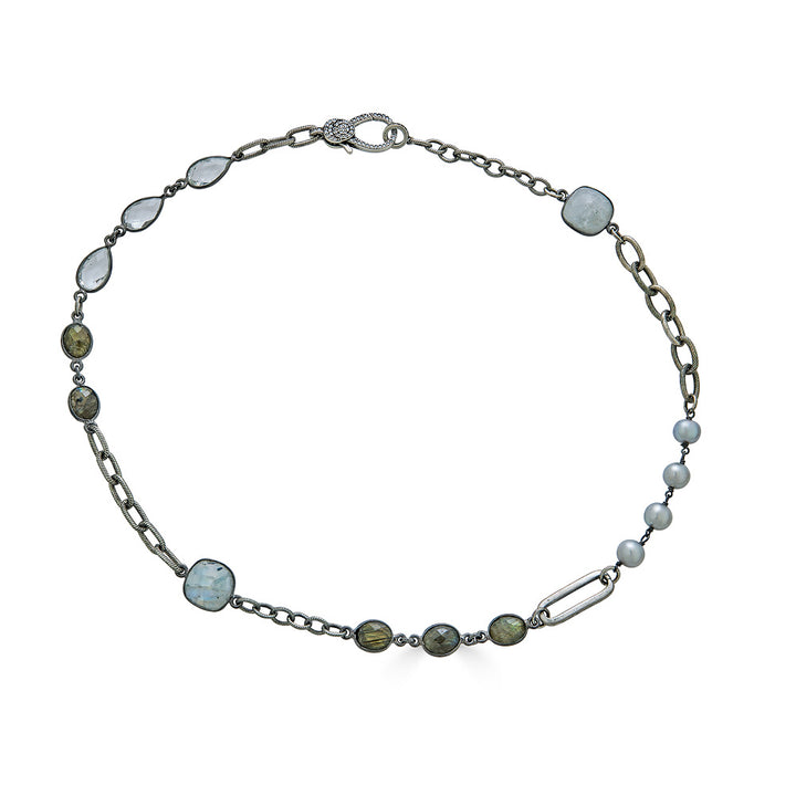 a mixed gemstone necklace with labradorite, pearls and moonstone