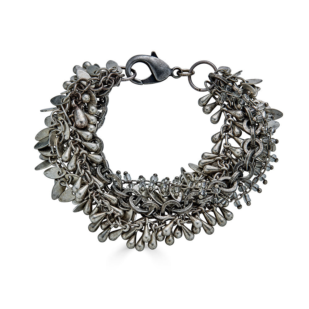 A silver four strand string bracelet.