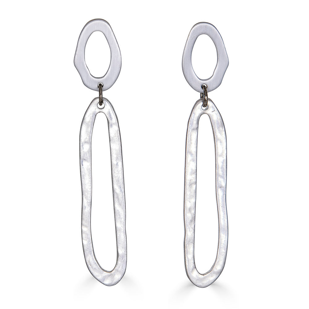 A silver swirl dangle earring with oval cutout post.