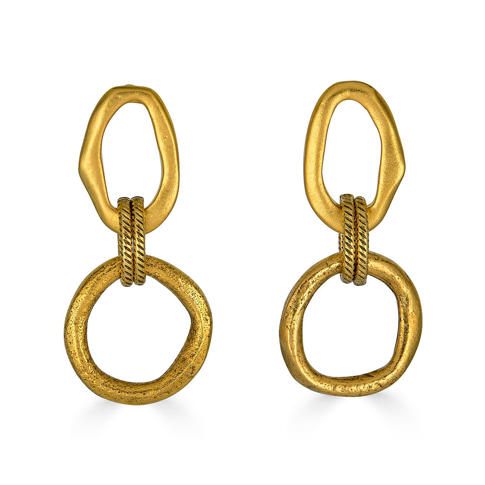 Gold drop earrings with two linked sculpted circles and a textured rope connector.