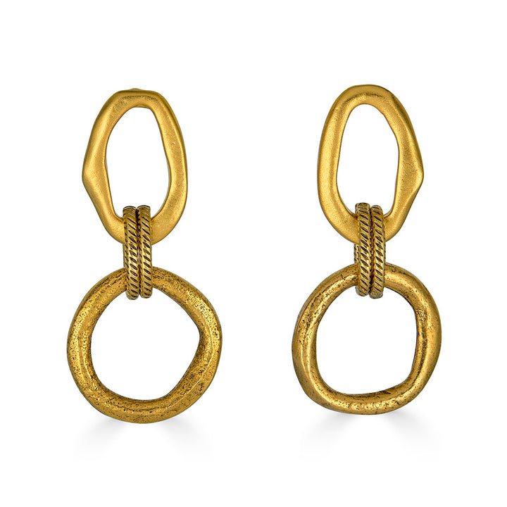 Gold drop earrings with two linked sculpted circles and a textured rope connector.