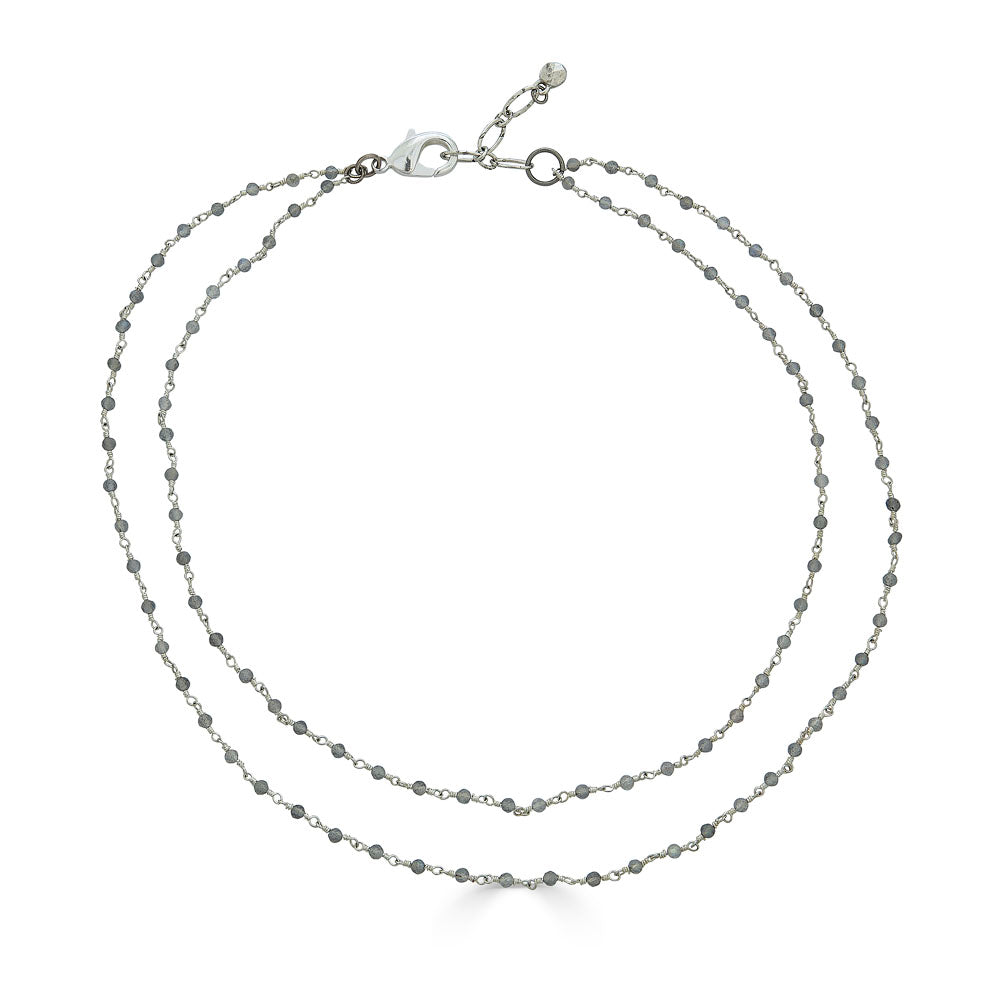 Two-strand silver chain necklace with faceted labradorite beads and adjustable clasp