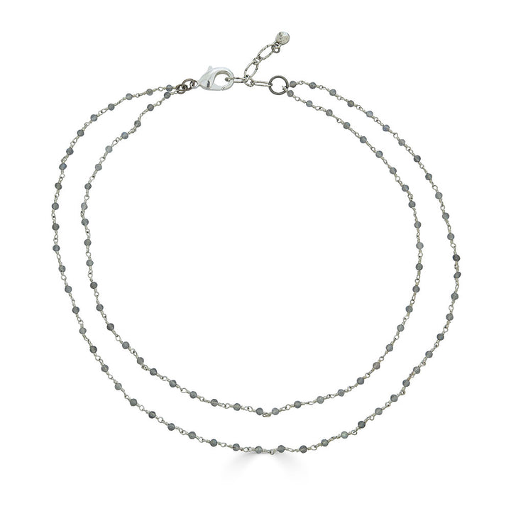 Two-strand silver chain necklace with faceted labradorite beads and adjustable clasp