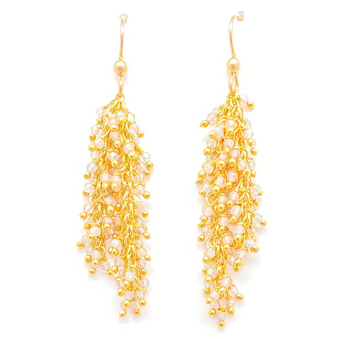 A pair of gold labradorite drizzle earrings.