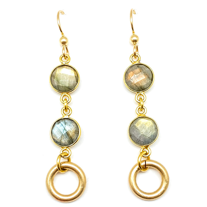 A pair of gold labradorite drop earrings with circle detailing.