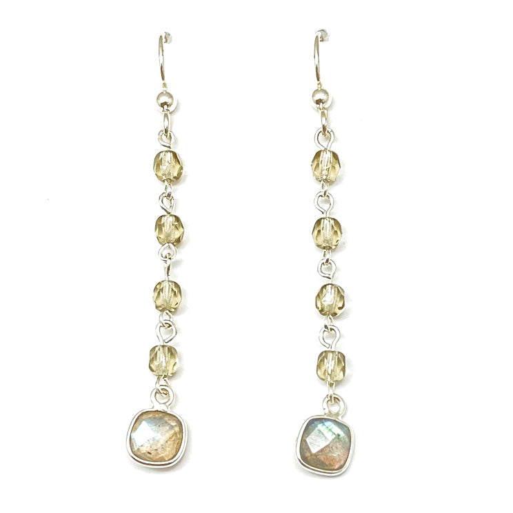 A pair of labradorite and gray crystal drop earrings.