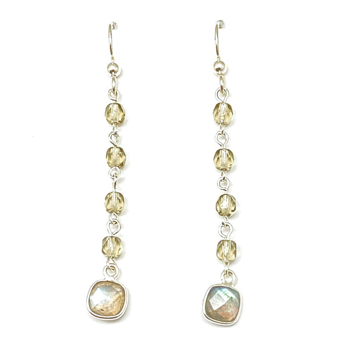 A pair of labradorite and gray crystal drop earrings.