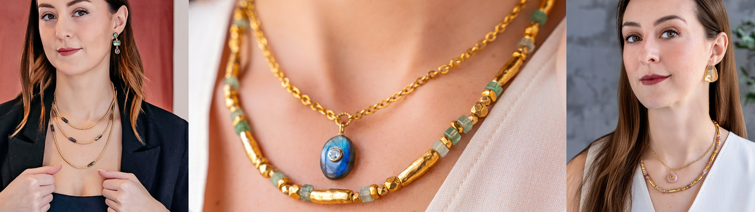 Women showcasing exquisite gemstone layering necklaces by Loni Paul Jewelry