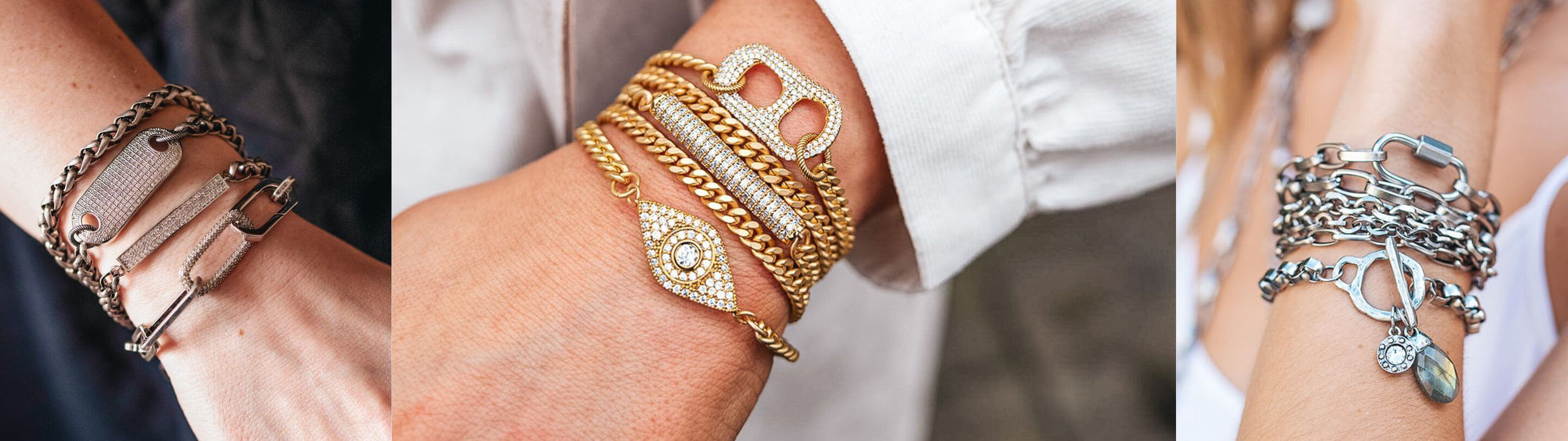 Header image showcasing Loni Paul's Stackable Bracelets collection, worn by women to express their unique, confident style.