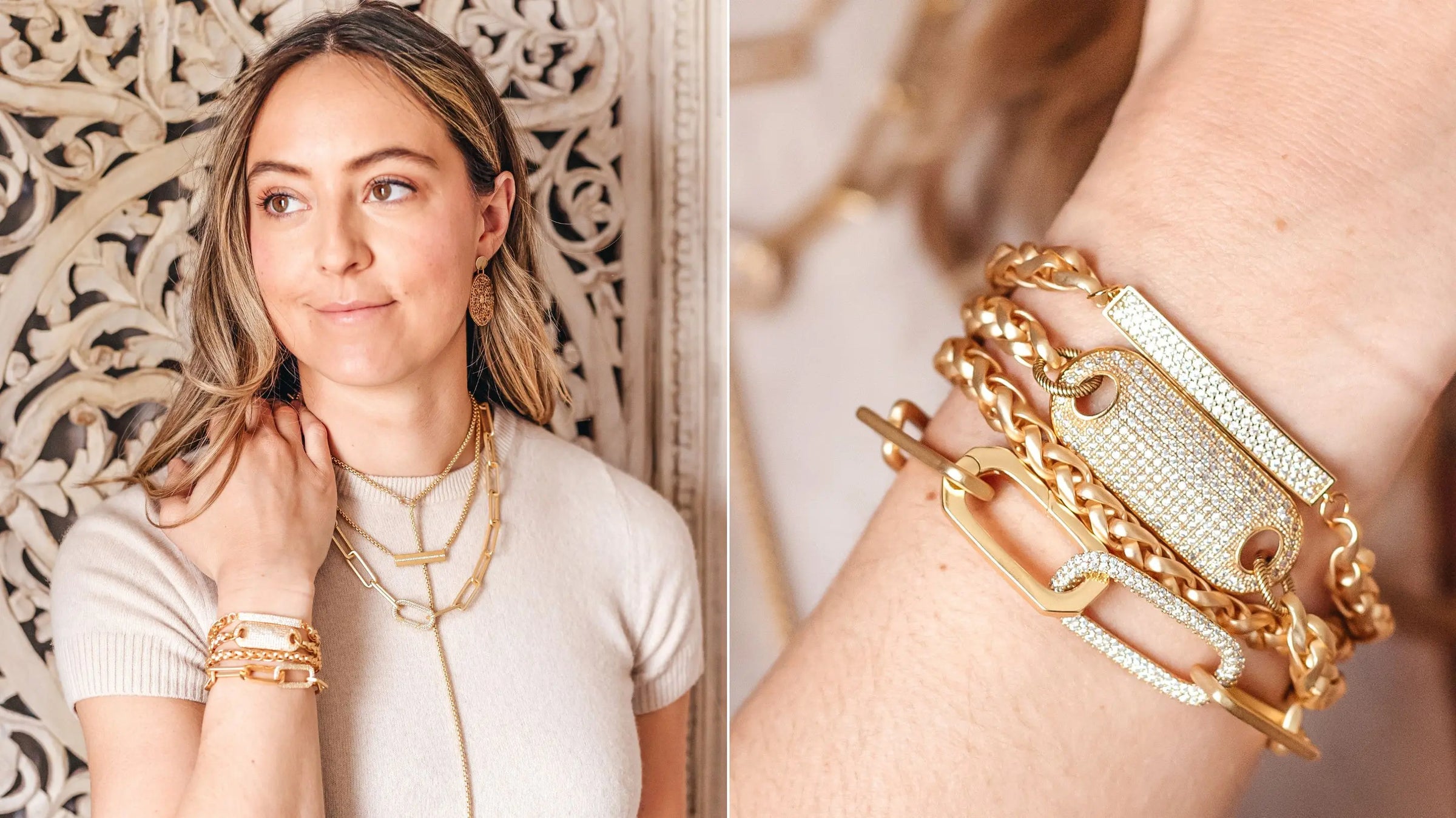 Model posing elegantly with timeless Loni Paul Jewelry pieces, highlighting bold shapes and classic silhouettes with a statement bracelets and necklaces