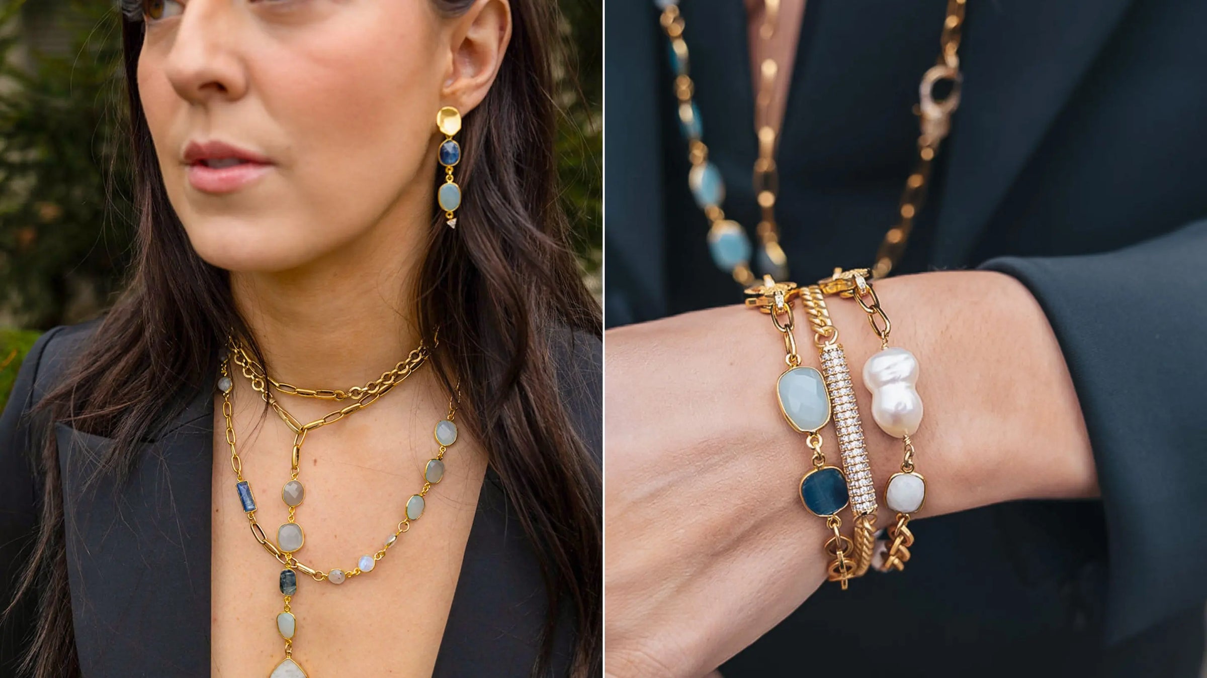 Model showcasing Loni Paul affordable luxury jewelry, featuring a stunning gemstone necklace, earrings and bracelets crafted with high quality materials.