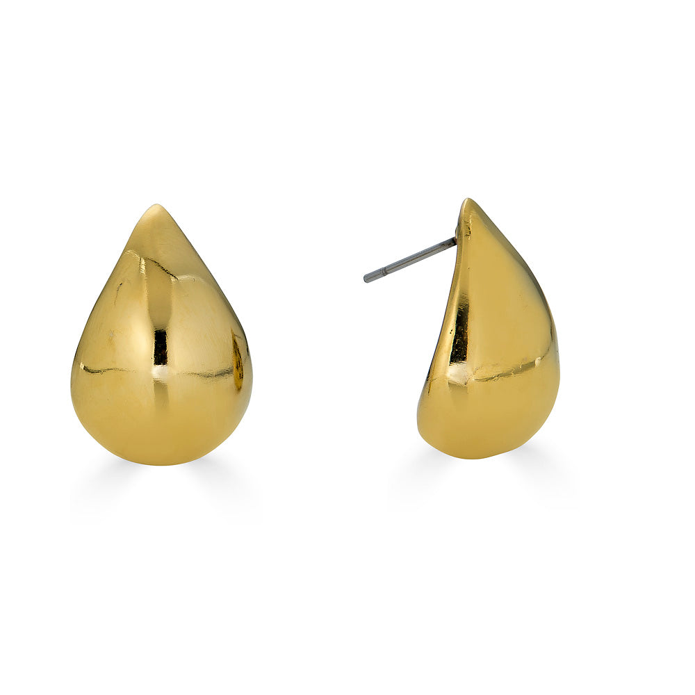 A pair of gold teardrop earrings.