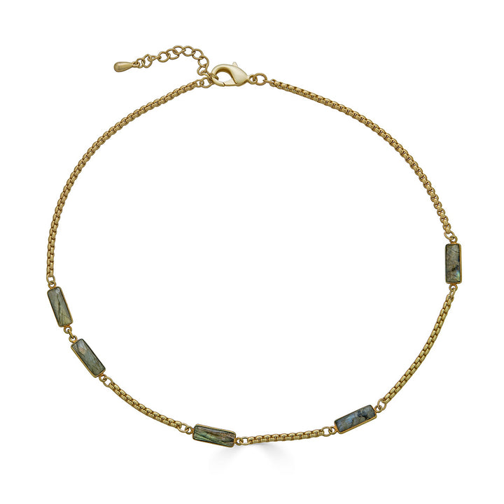 A box chain necklace with baguette cut labradorite gemstones.