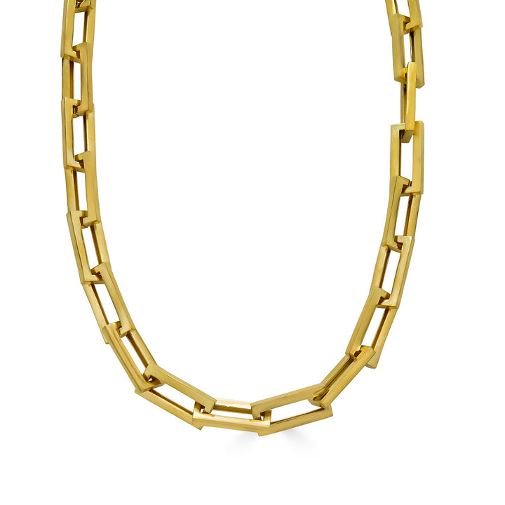 A gold chunky rectangle link necklace with a pave clasp.
