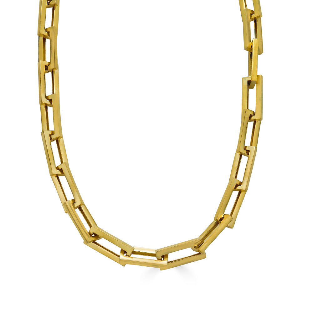 A gold chunky rectangle link necklace with a pave clasp.