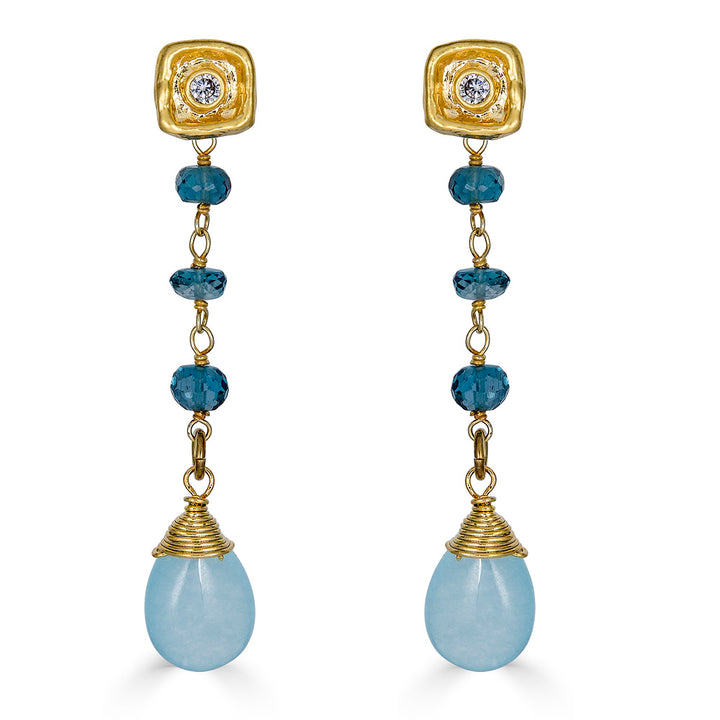 A wire wrapped aquamarine drop on a London Blue Topaz chain on a post earring
