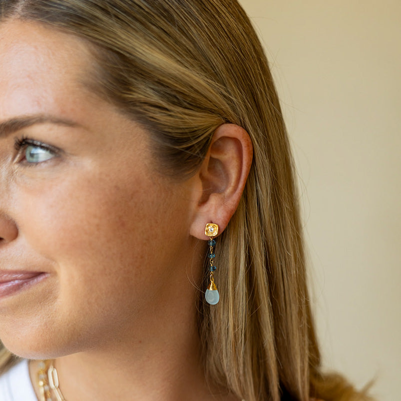 A wire wrapped aquamarine drop on a London Blue Topaz chain on a post earring