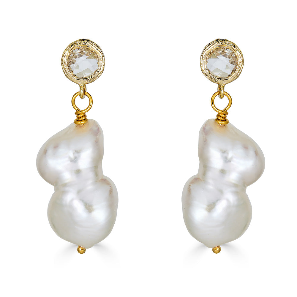 A pair of baroque pearl drop earrings with crystal posts.