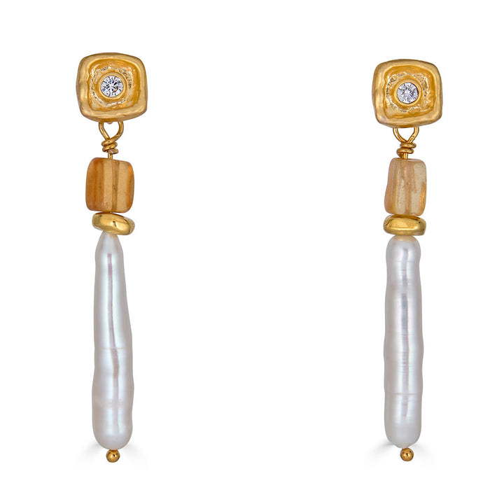 Drop earrings with Biwa pearls, hessonite garnet cubes, and gold accents