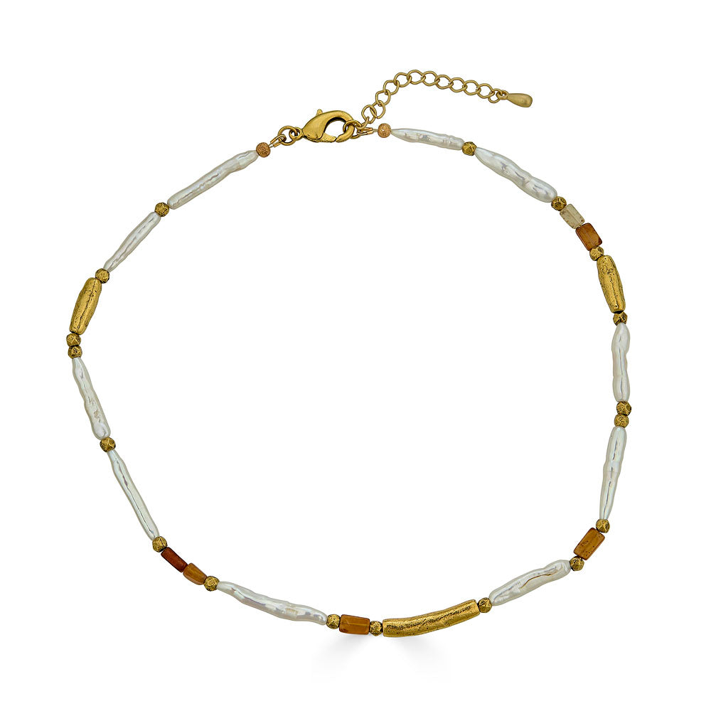 Biwa Pearl and Hessonite Garnet beaded necklace with gold accents on adjustable chain