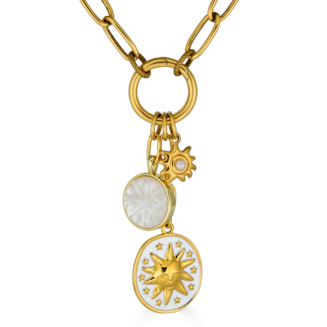 Gold paperclip chain necklace with enamel celestial charms, mother-of-pearl detail, and a sun medallion pendant.