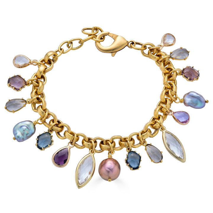 Gold chain charm bracelet with colorful faceted gemstones and iridescent freshwater pearl drops.