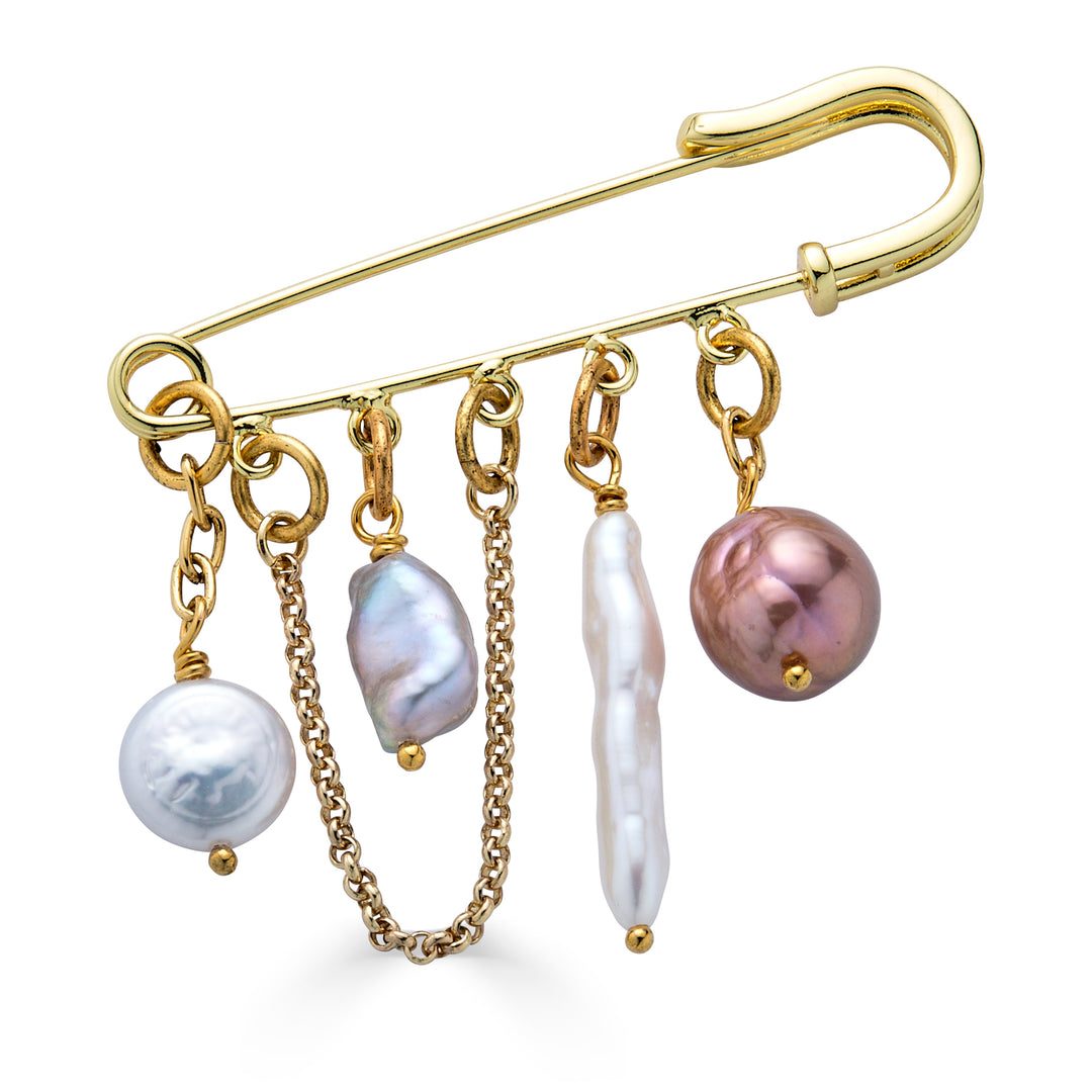 Gold safety pin style brooch with colorful freshwater pearl charms and delicate chain accents.