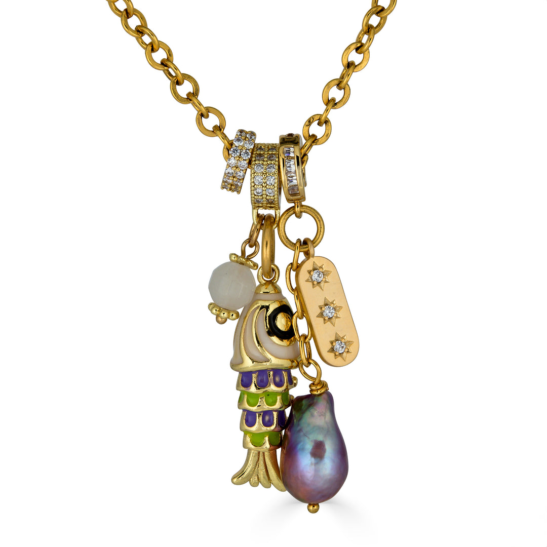 Gold charm necklace with enamel fish charm, freshwater pearl drop, and pavé accent charms on a delicate chain.