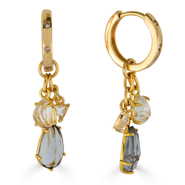 Gold huggie earrings with faceted smoky gray and clear crystal gemstone charm drops.