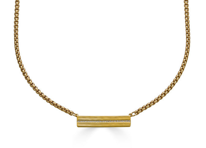 A gold bar with CZS venetian box chain necklace.