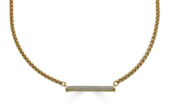 A gold pave bar necklace on a venetian box chain.