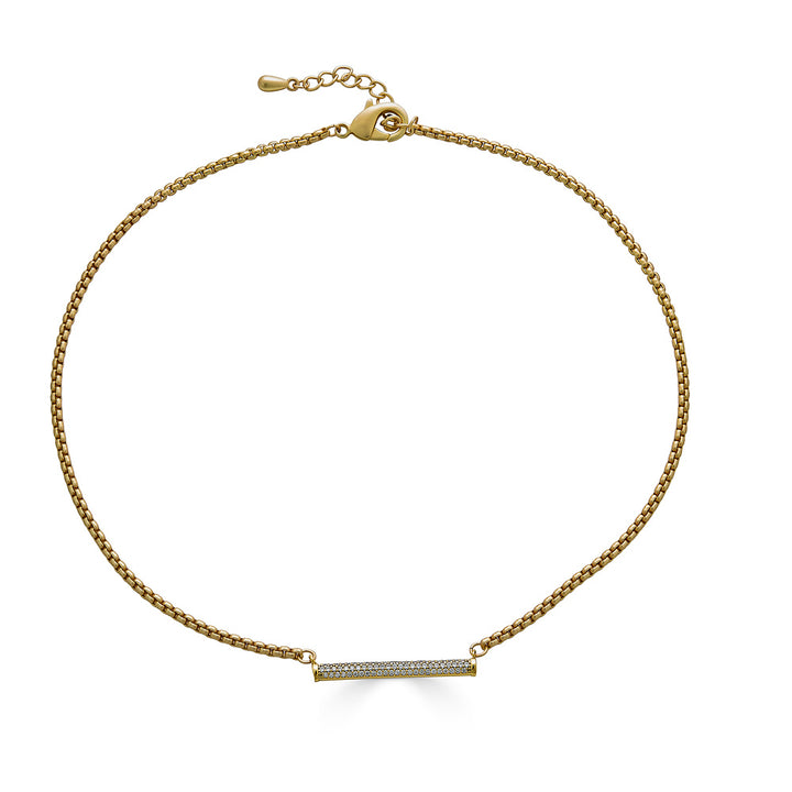 A gold pave bar necklace on a venetian box chain.