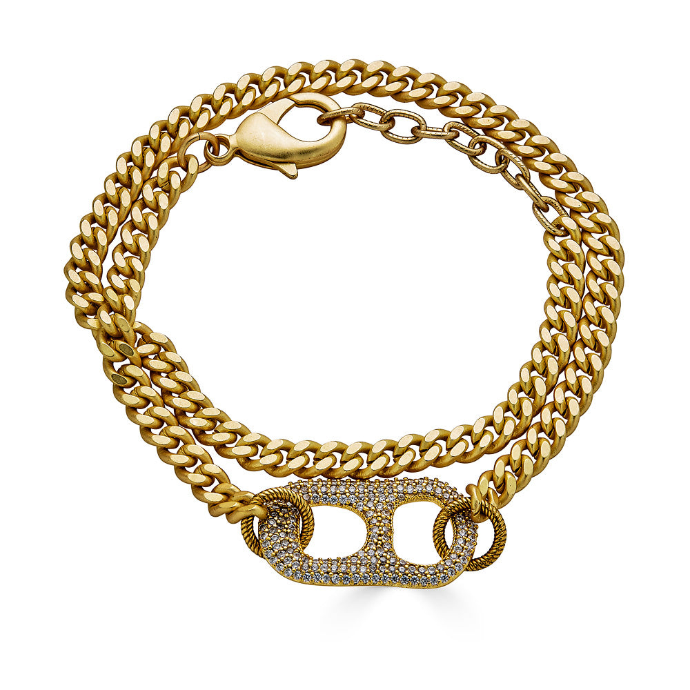 A matte gold double wrap bracelet with a pave can tab connector
