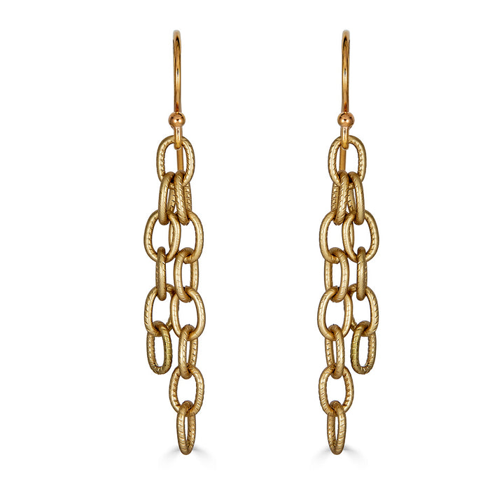 A pair of gold two strand chain earrings.