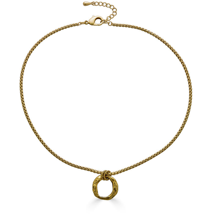 A matte gold box chain necklace with a hammered gold circle detail.