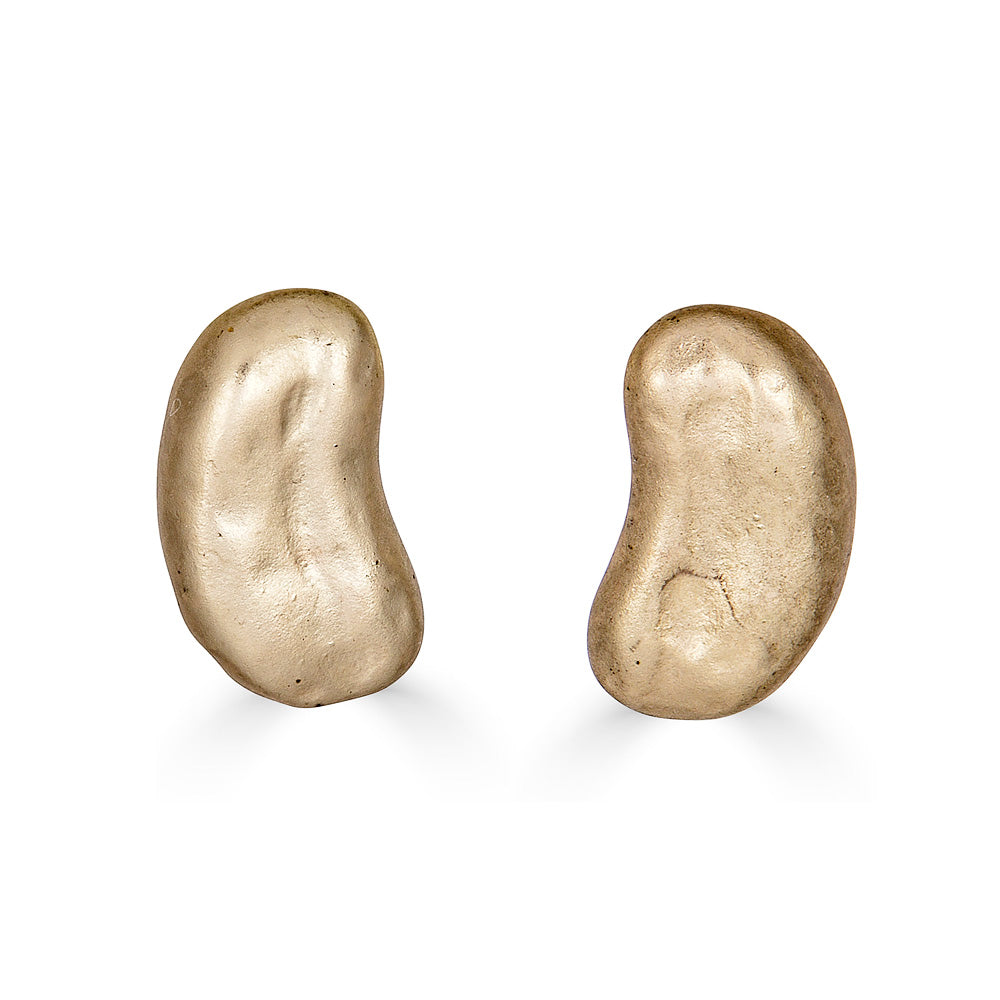A matte gold bean shaped stud earringAn oval hammered dangle earring on oval cutout posts.