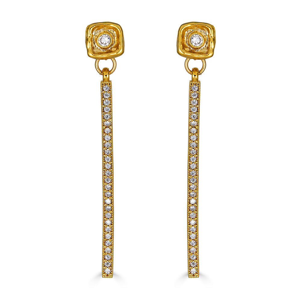 A gold post dangle earring with a long bar of high quality CZ stones.
