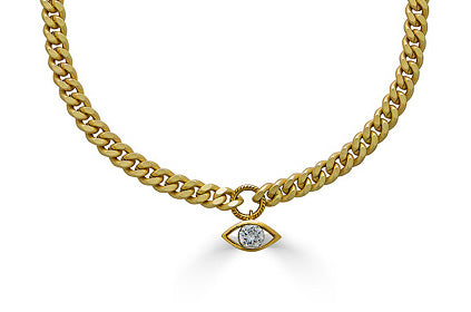 A modern evil eye crystal necklace on a flattened curb chain.