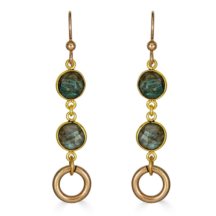 A pair of gold labradorite drop earrings with circle detailing.