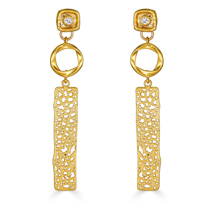 A pair of matte gold rectangle lace drop earrings with circle connectors and square crystal posts.