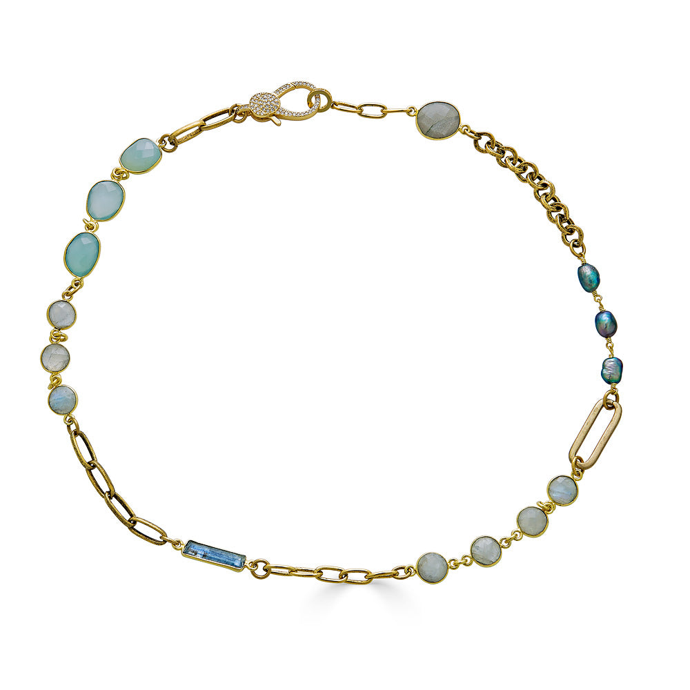 A short mixed gemstone necklace with aquamarine, pearls, kyanite and moonstone