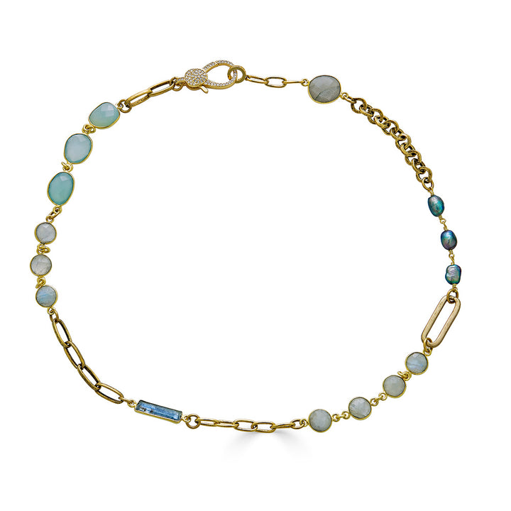 A short mixed gemstone necklace with aquamarine, pearls, kyanite and moonstone