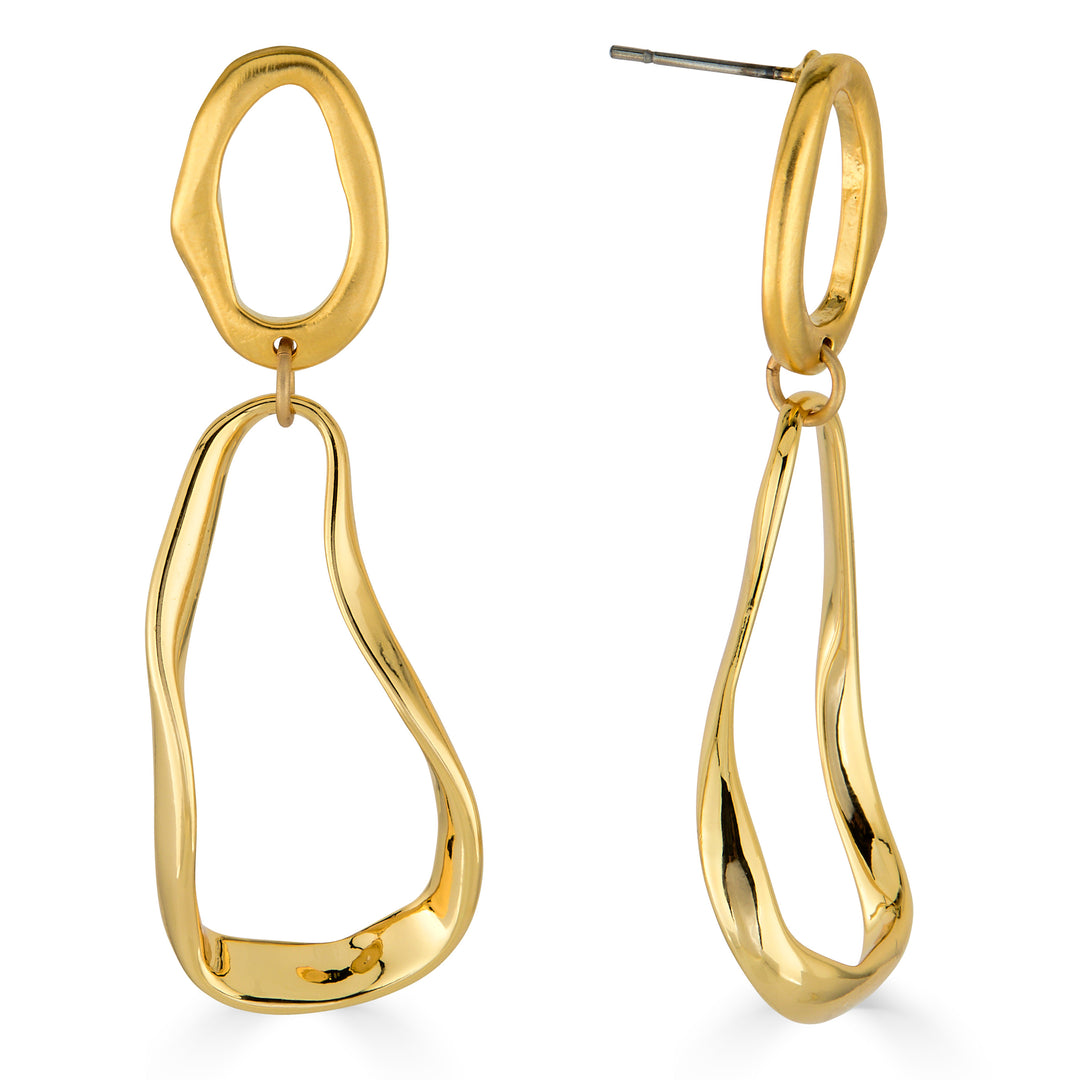 Gold organic shape drop earrings with abstract open sculptural design.