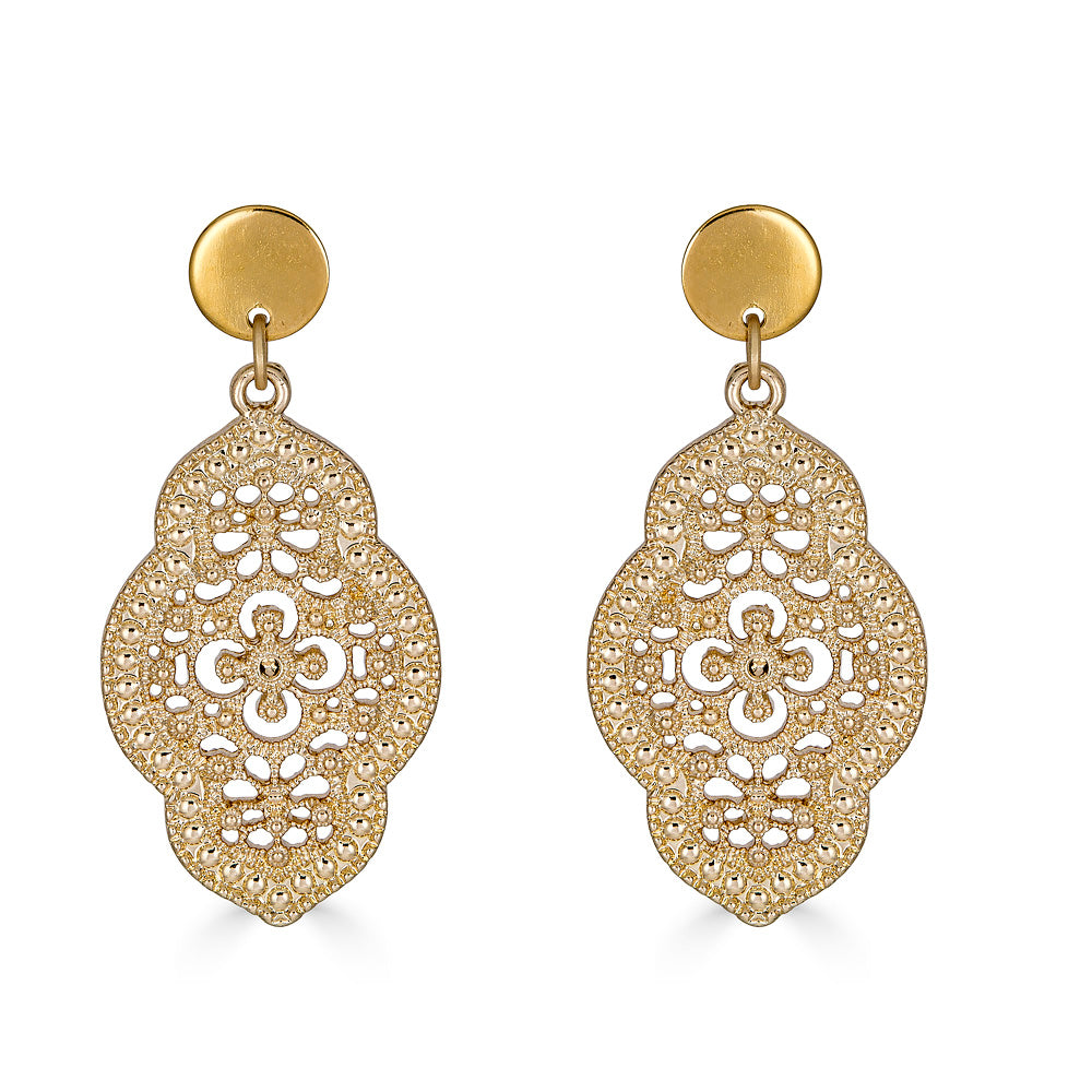 An oval lace earring on a gold post