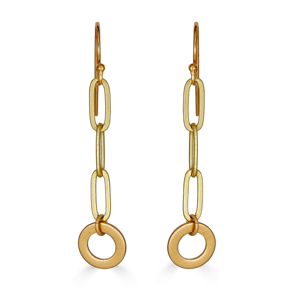 A pair of matte gold paperclip chain earrings with hoop detail.