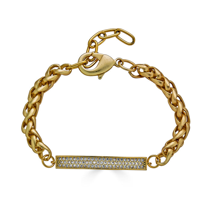 A matte gold chainlink bracelet with pave bar connector.