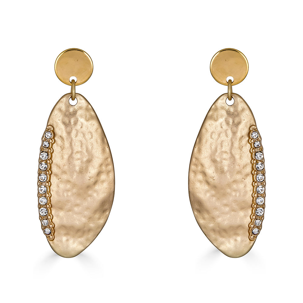 A pair of matte gold earrings with rhinestone details.