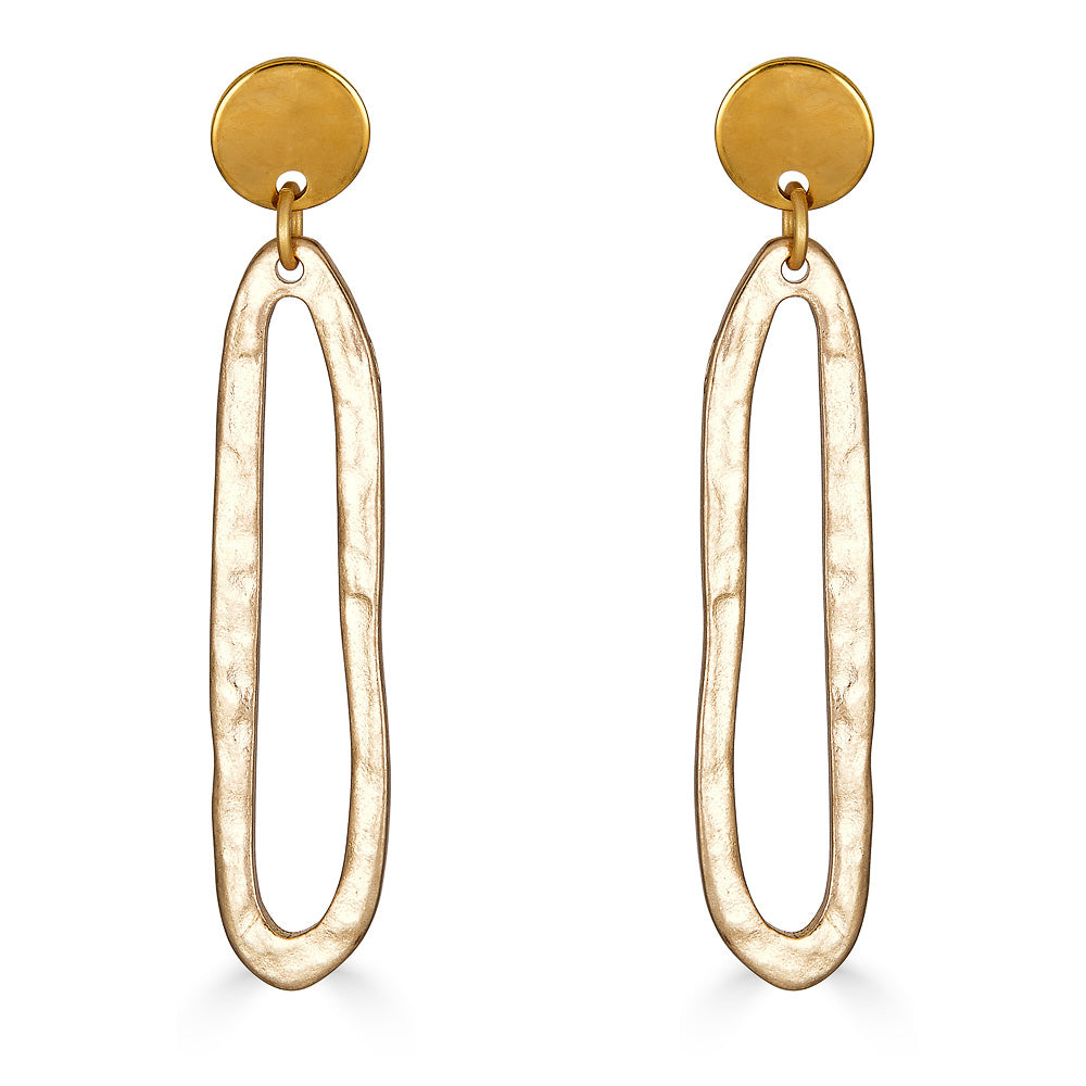 A pair of matte gold swirl drop earrings.