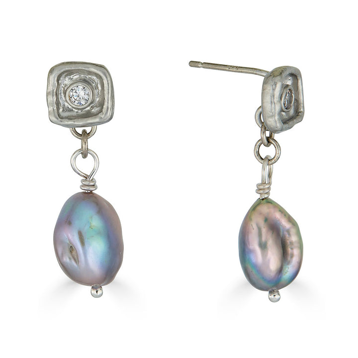 Gray keshi pearl drop earrings with silver sculpted stud tops and clear CZ accent stones.

