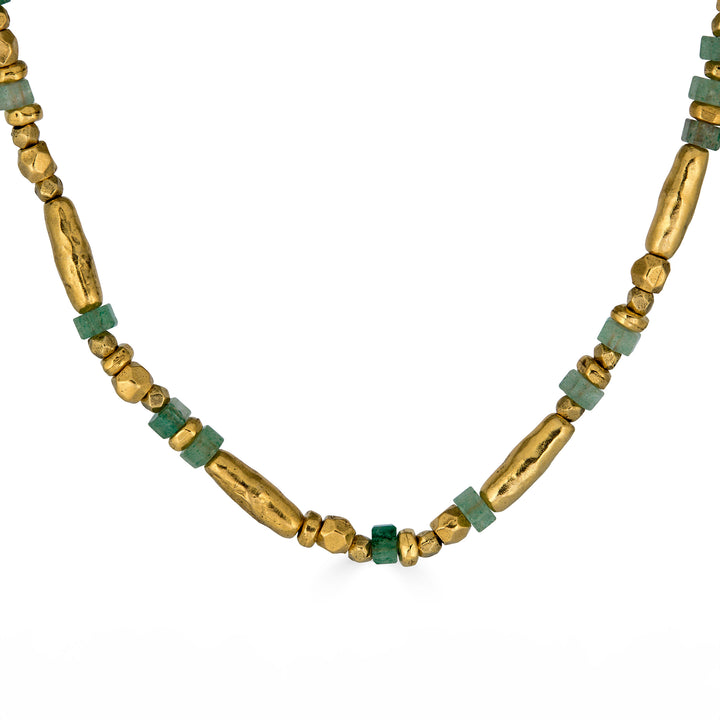 Green strawberry quartz and gold bead necklace with organic textured gold beads.